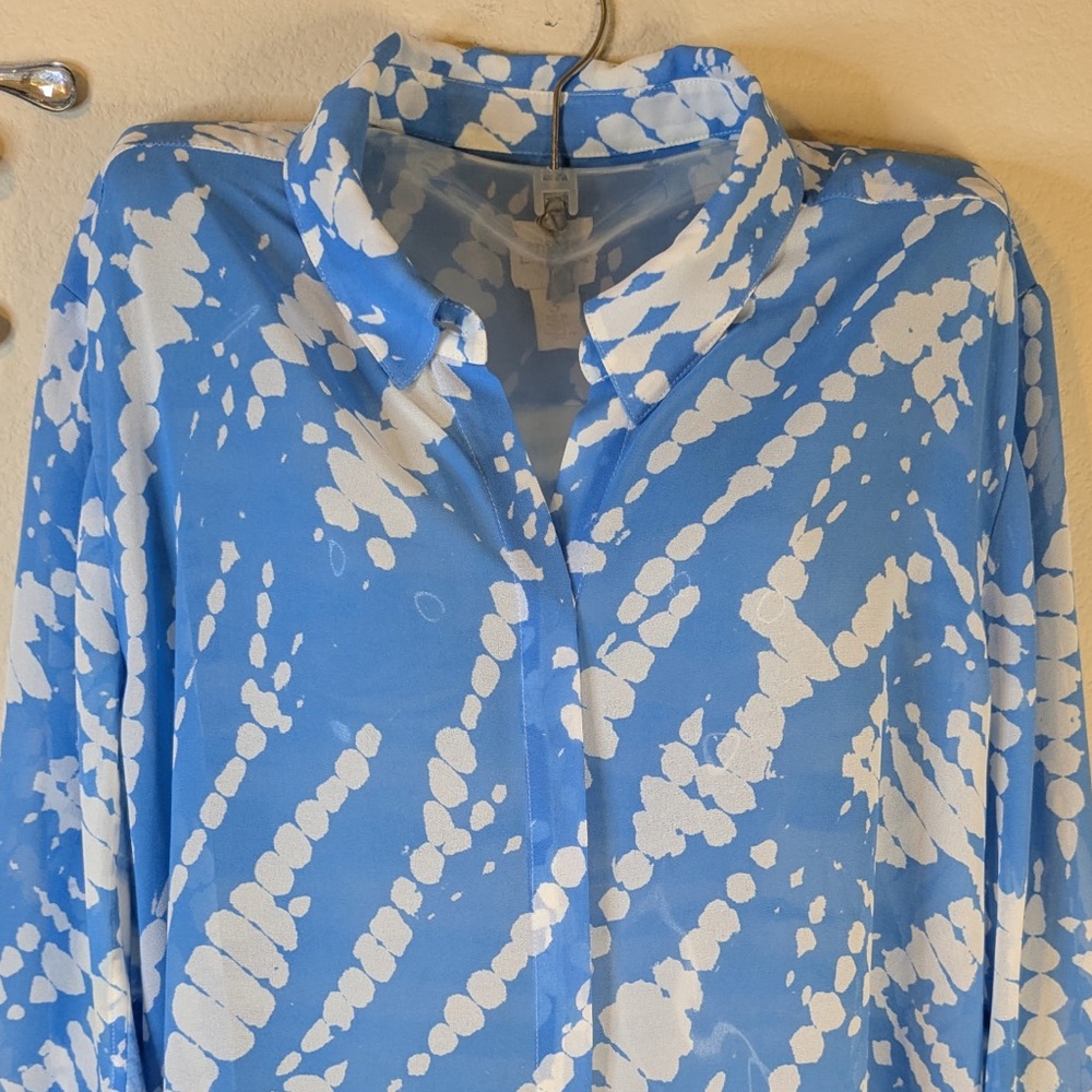 Chico's Blue White Mixed Media Button-Up Tunic Top Blouse Size Large